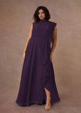 Augday A-Line High Neckline Pleated Chiffon Dress Plus Size