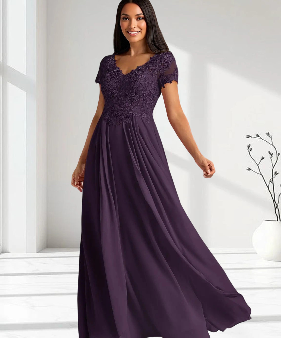 Augday Dunja A-Line V-Neck Lace Chiffon Dress