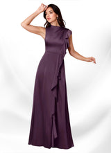 Augday Narine A-Line High Neckline Pleated Stretch Satin Dress