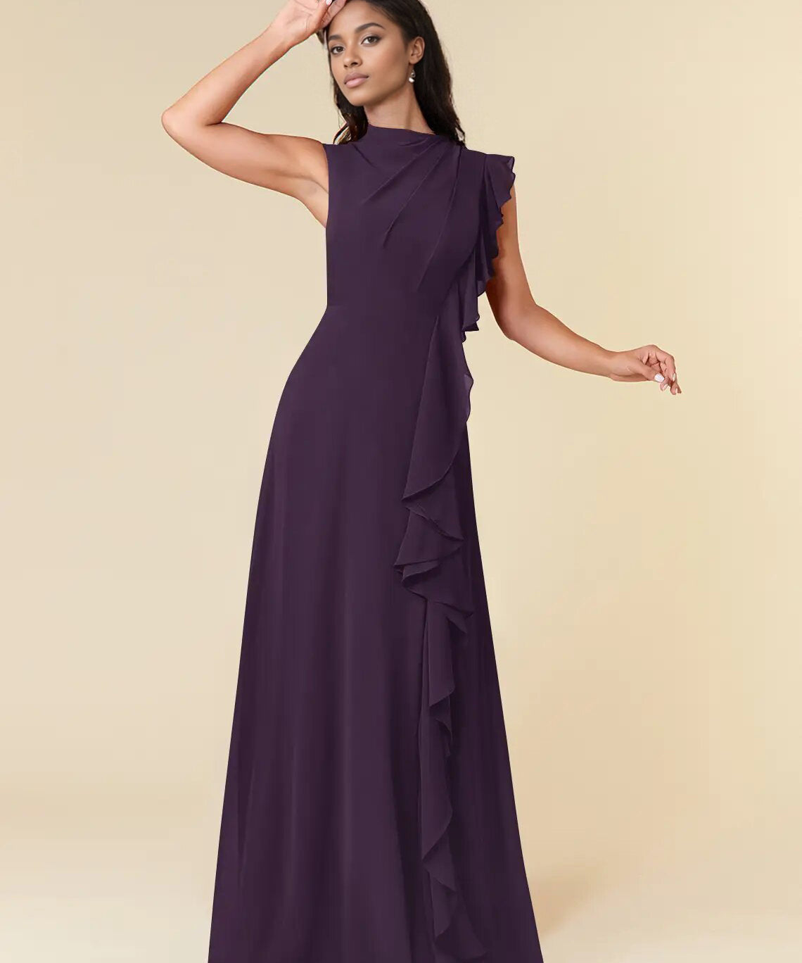 Augday A-Line High Neckline Pleated Chiffon Dress