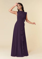 Augday A-Line High Neckline Pleated Chiffon Dress