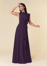 Augday A-Line High Neckline Pleated Chiffon Dress