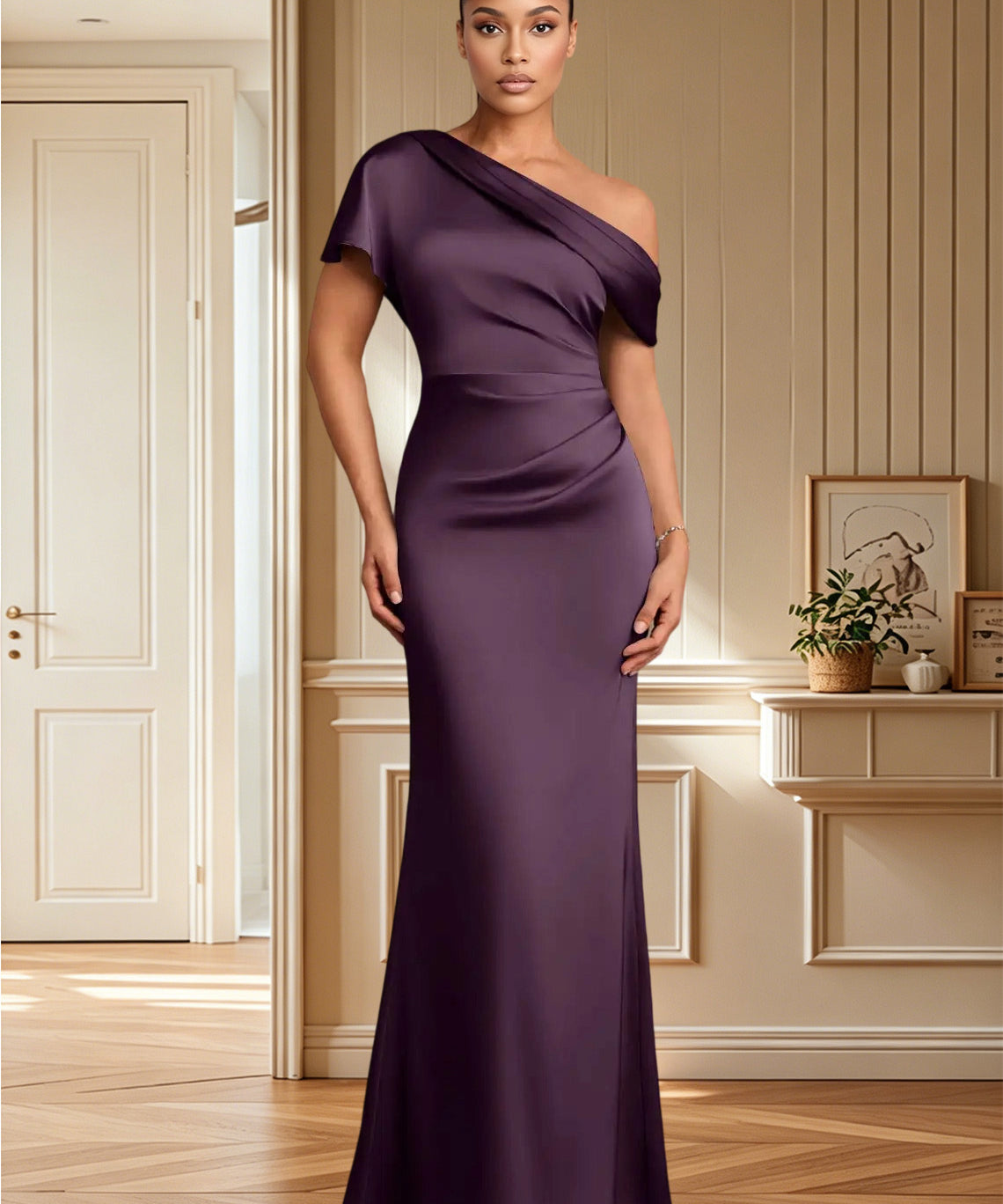 Augday Rutha Sheath One Shoulder Stretch Satin Dress
