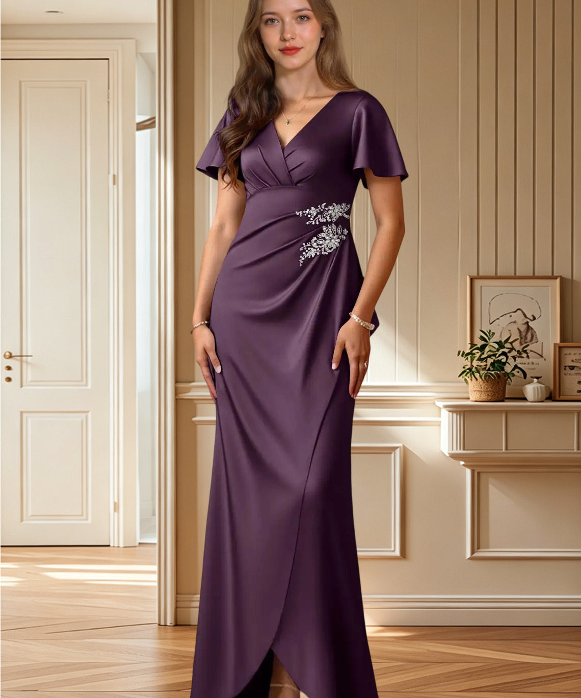 Augday Robins A-Line Pleated Stretch Satin Dress