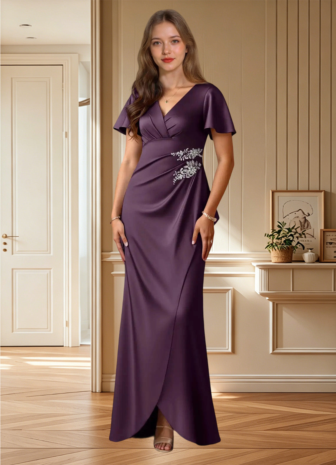 Augday Robins A-Line Pleated Stretch Satin Dress