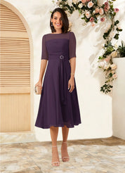 Augday Naomi A-Line Boatneck Pleated Chiffon Dress