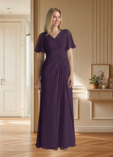 Augday Morning Glory A-Line V-Neck Ruched Chiffon Dress