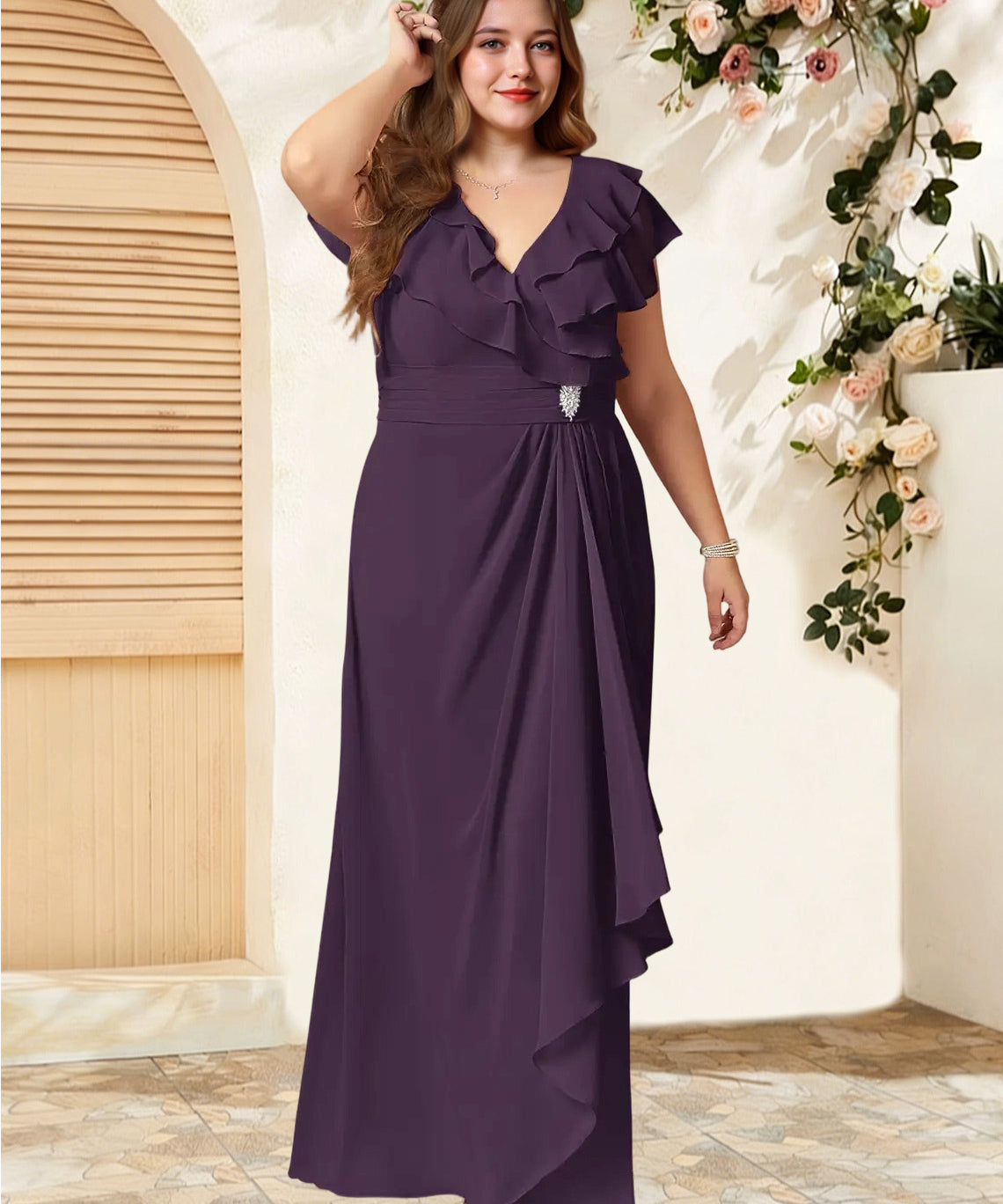 Augday Snapdragon A-Line V-Neck Ruched Chiffon Dress