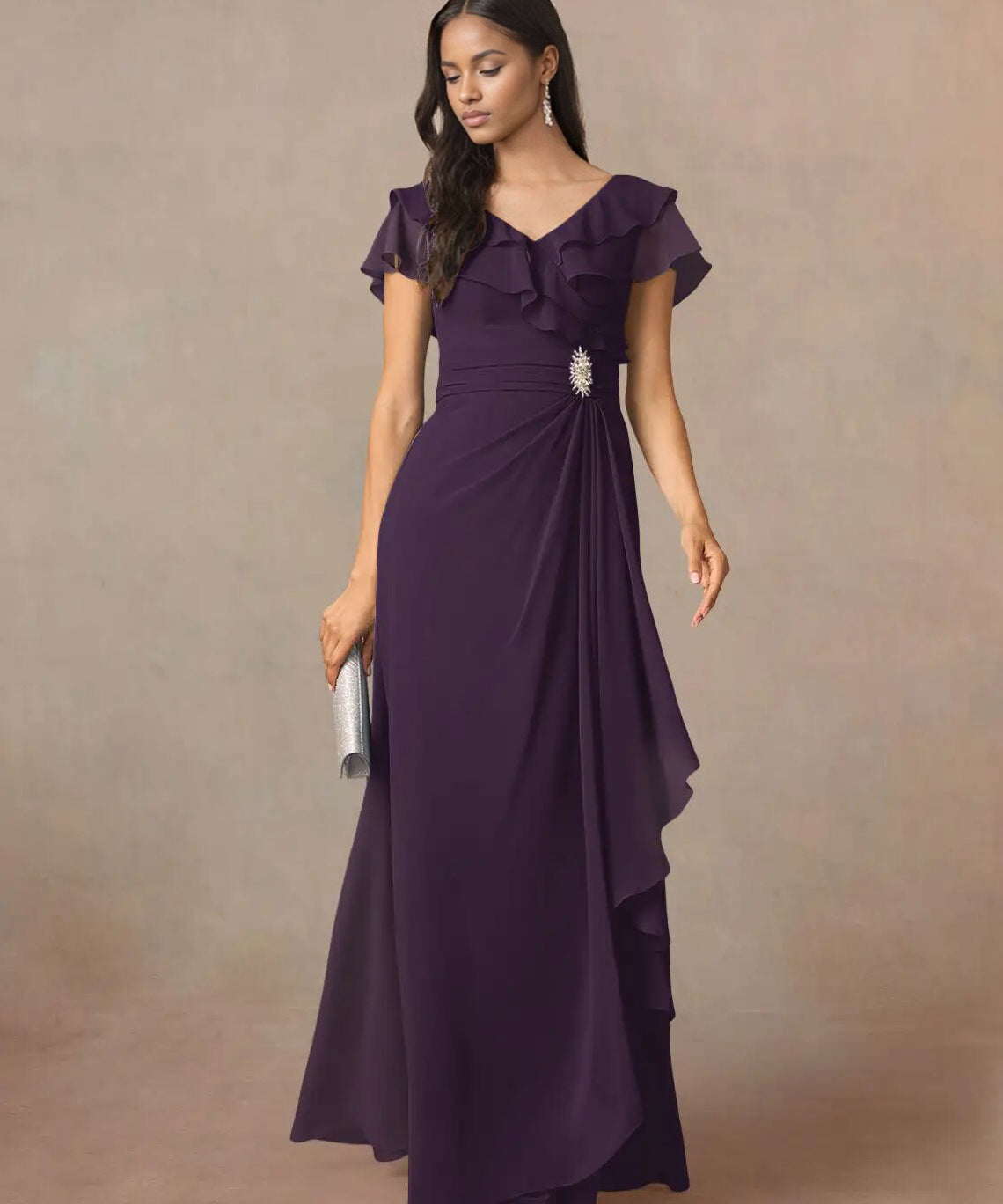 Augday A-Line V-Neck Ruched Chiffon Dress