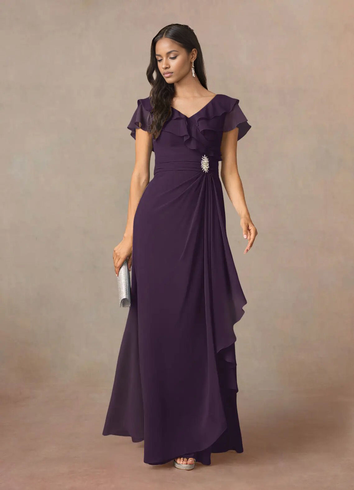 Augday A-Line V-Neck Ruched Chiffon Dress