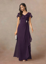 Augday A-Line V-Neck Ruched Chiffon Dress