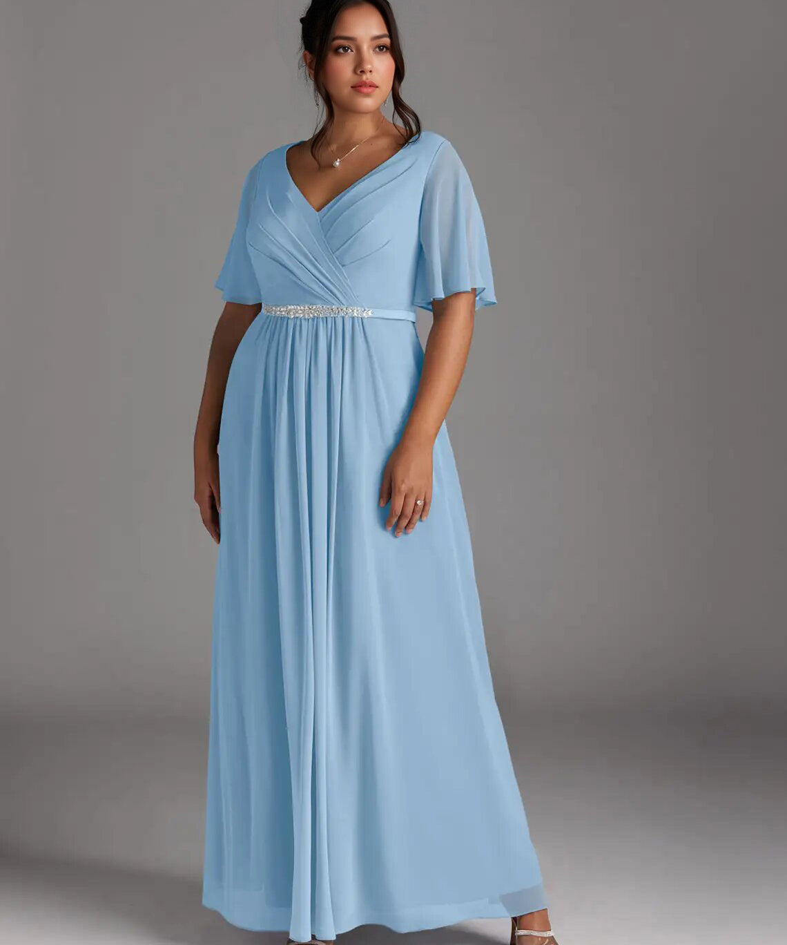 Augday A-Line V-Neck Pleated Chiffon Dress Plus Size