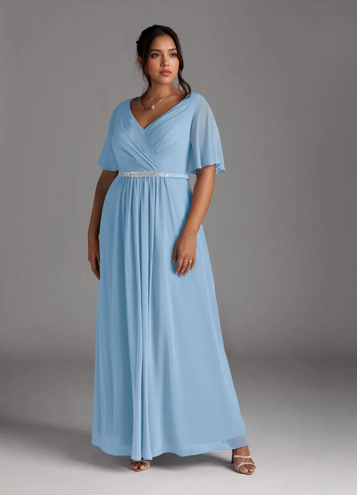 Augday A-Line V-Neck Pleated Chiffon Dress Plus Size