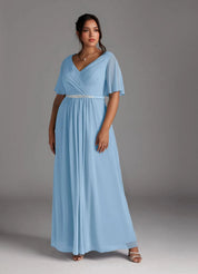 Augday A-Line V-Neck Pleated Chiffon Dress Plus Size