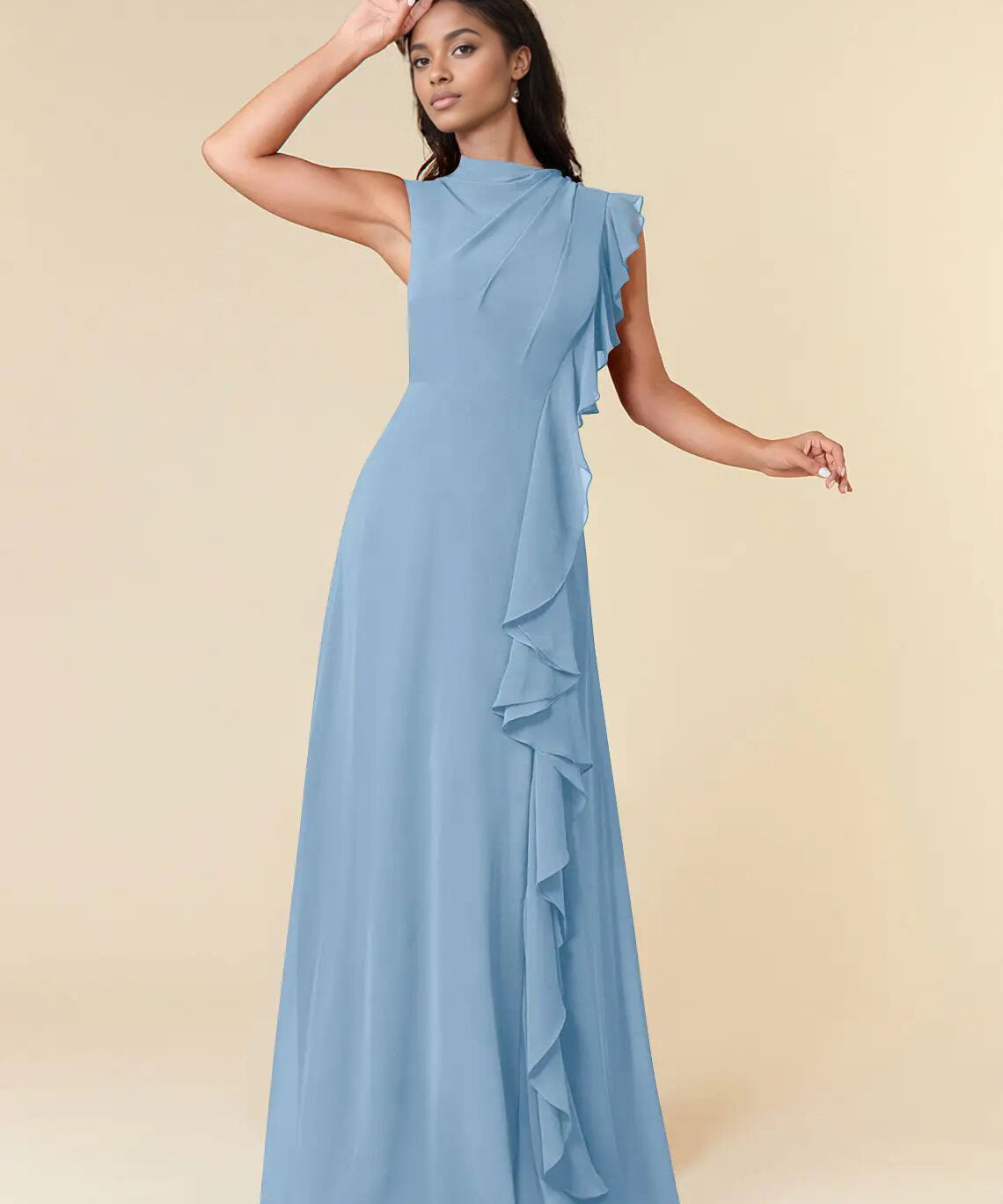 Augday A-Line High Neckline Pleated Chiffon Dress