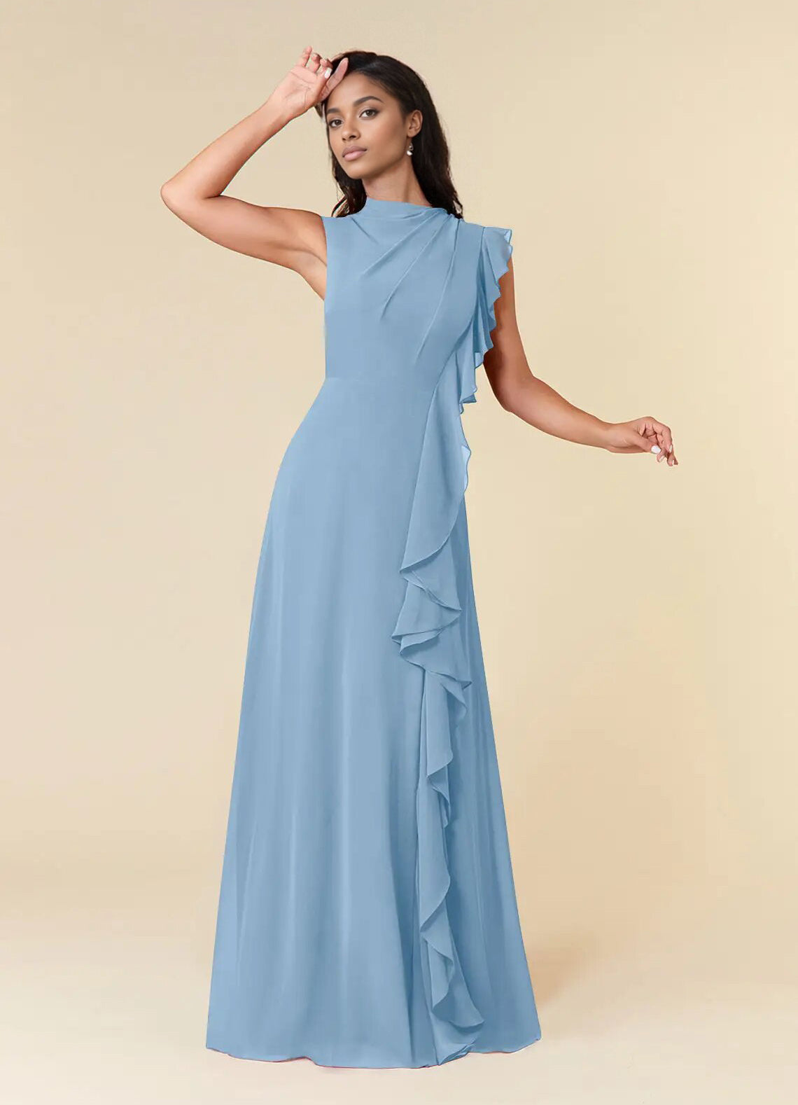 Augday A-Line High Neckline Pleated Chiffon Dress