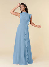 Augday A-Line High Neckline Pleated Chiffon Dress