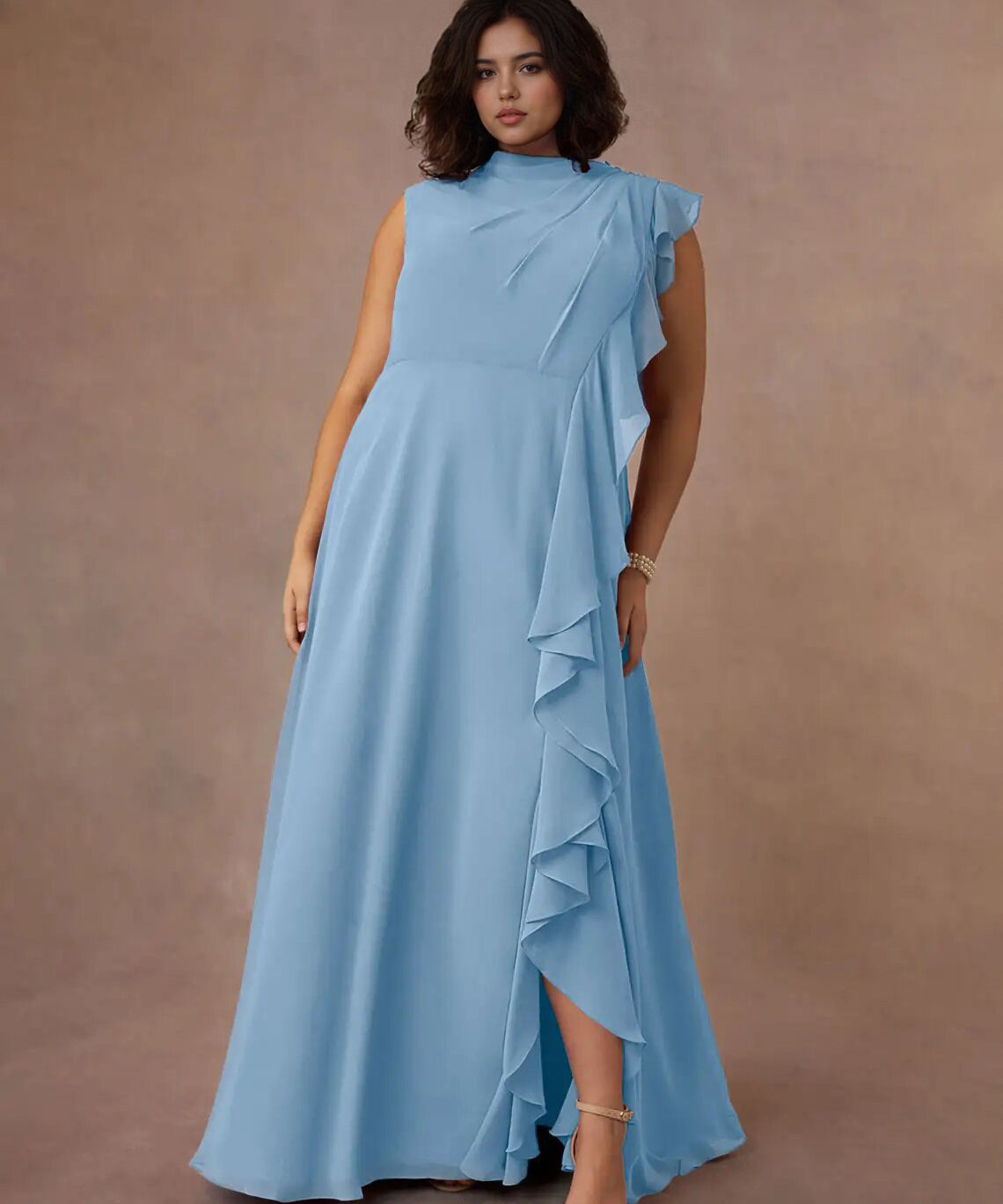 Augday A-Line High Neckline Pleated Chiffon Dress Plus Size