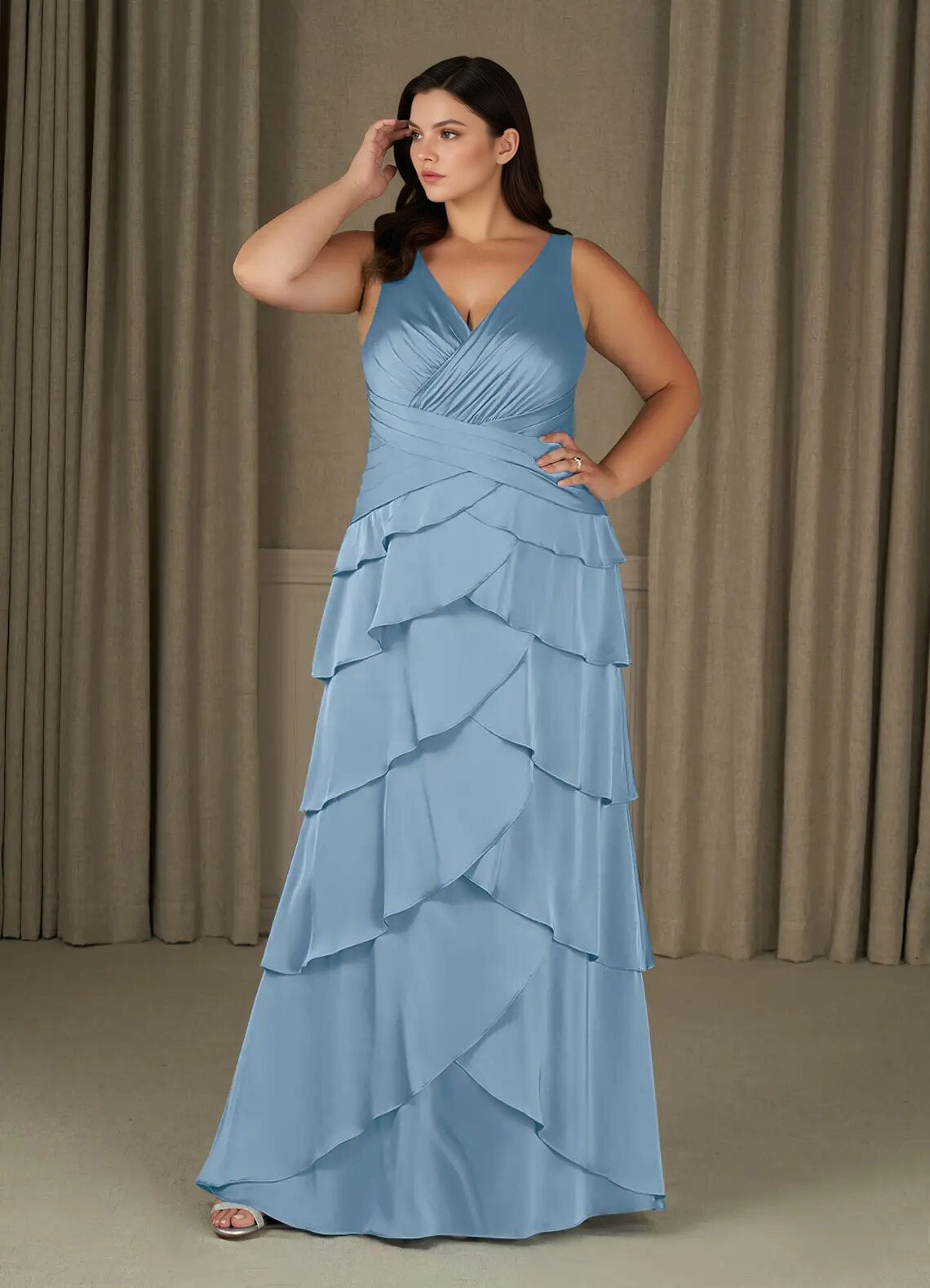Augday Viola A-Line Pleated Stretch Satin Dress Plus Size
