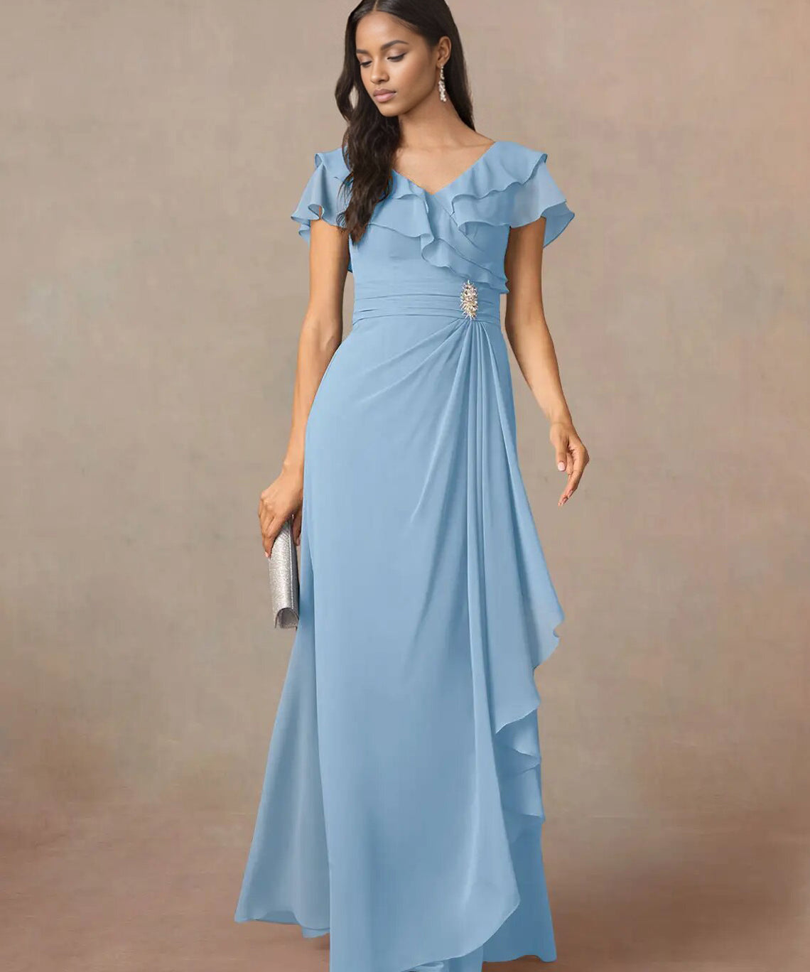 Augday A-Line V-Neck Ruched Chiffon Dress