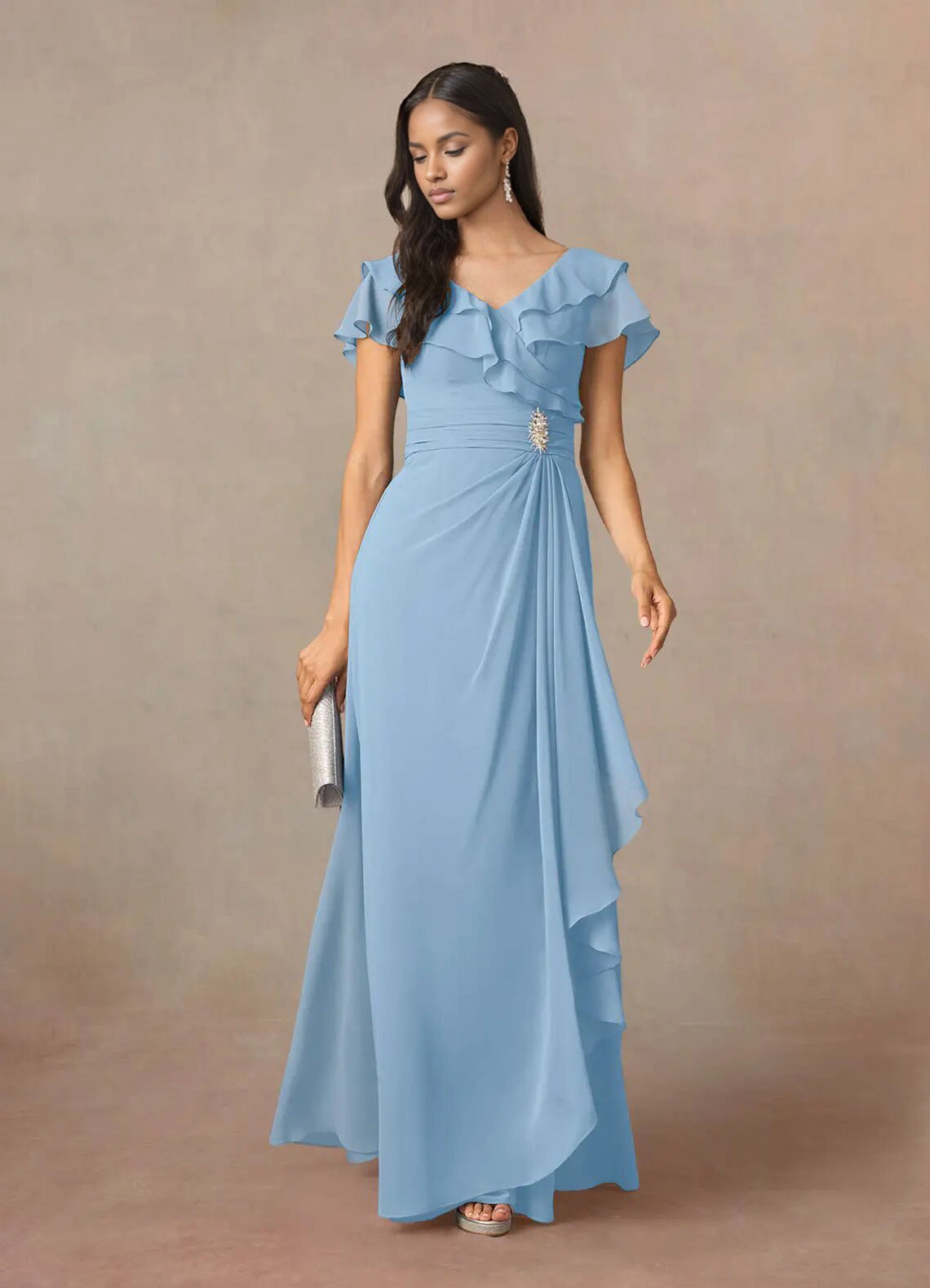 Augday A-Line V-Neck Ruched Chiffon Dress
