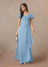 Augday A-Line V-Neck Ruched Chiffon Dress