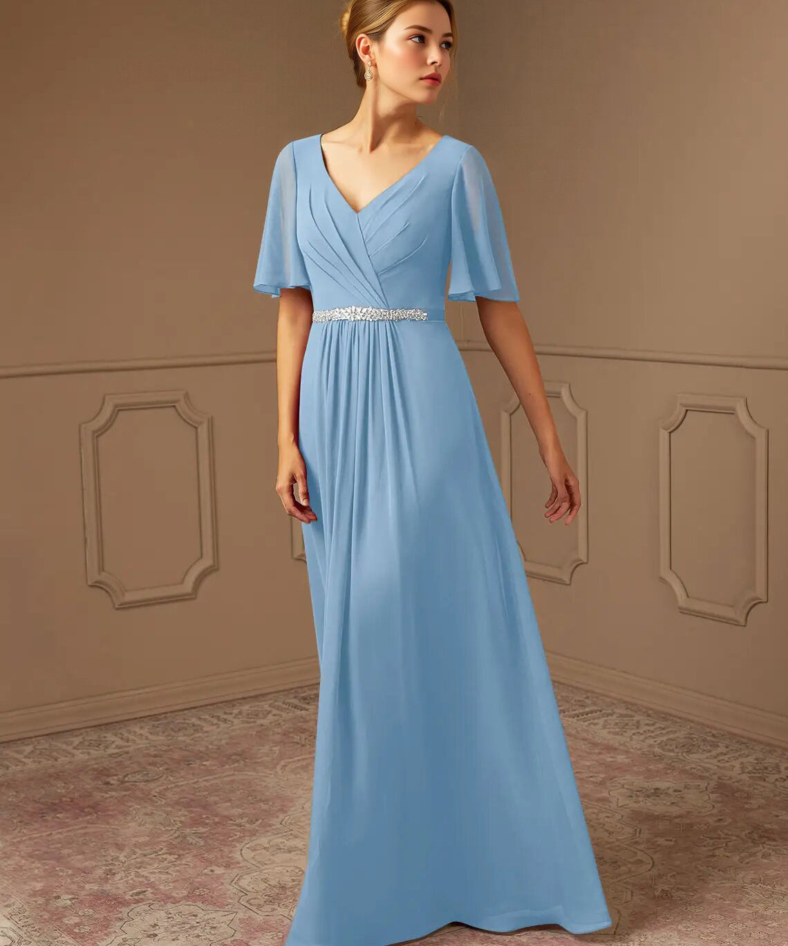 Augday A-Line V-Neck Pleated Chiffon Dress