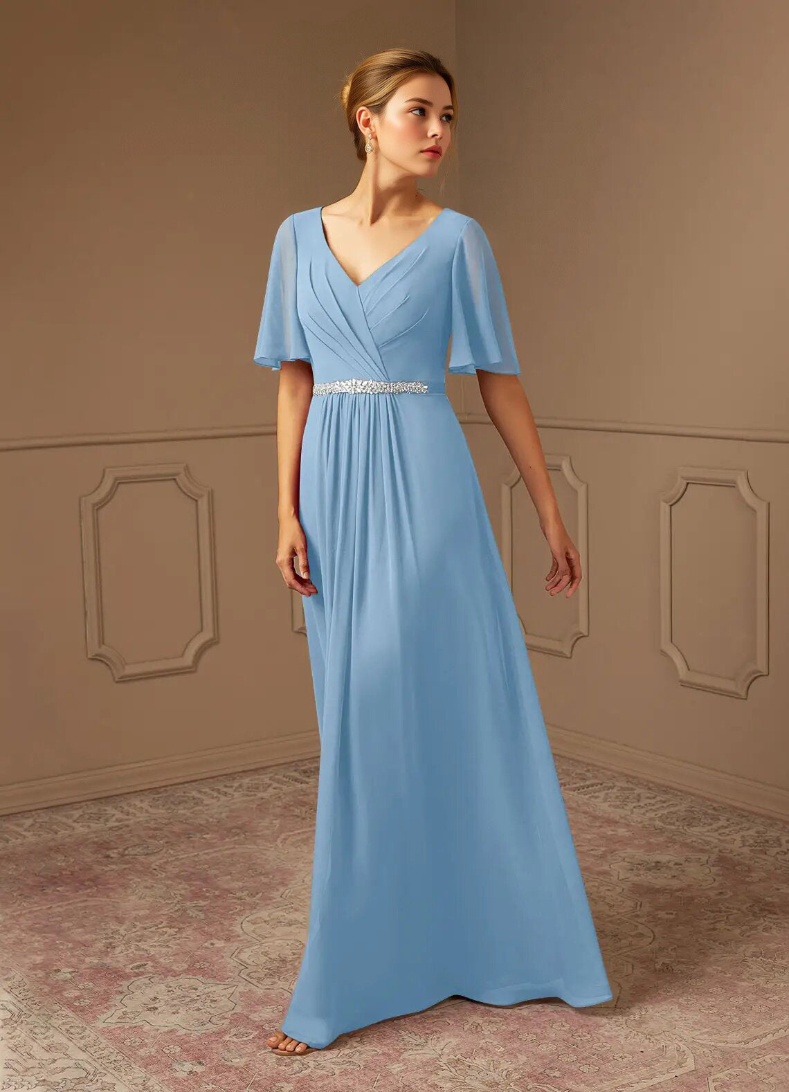 Augday A-Line V-Neck Pleated Chiffon Dress