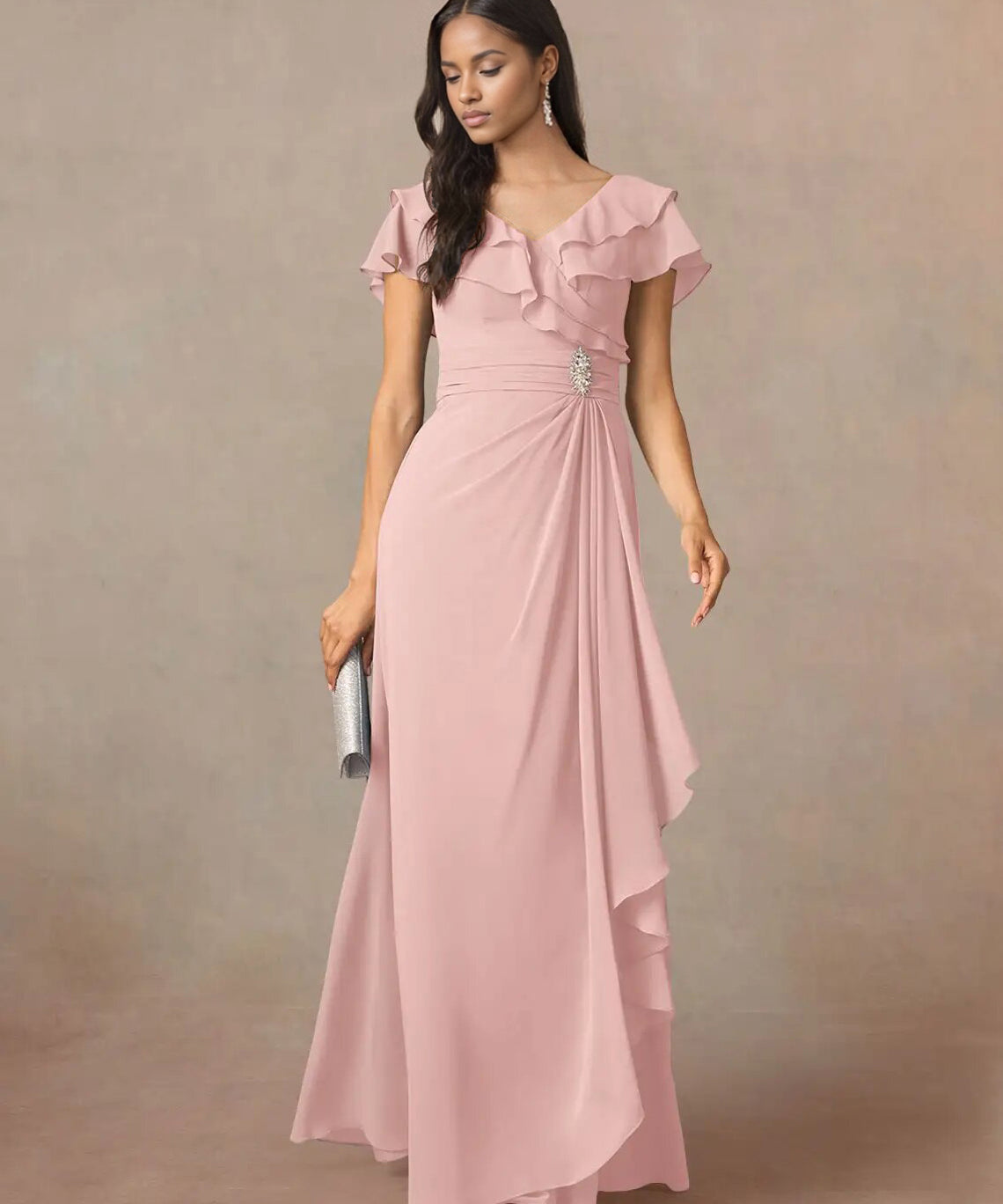 Augday A-Line V-Neck Ruched Chiffon Dress