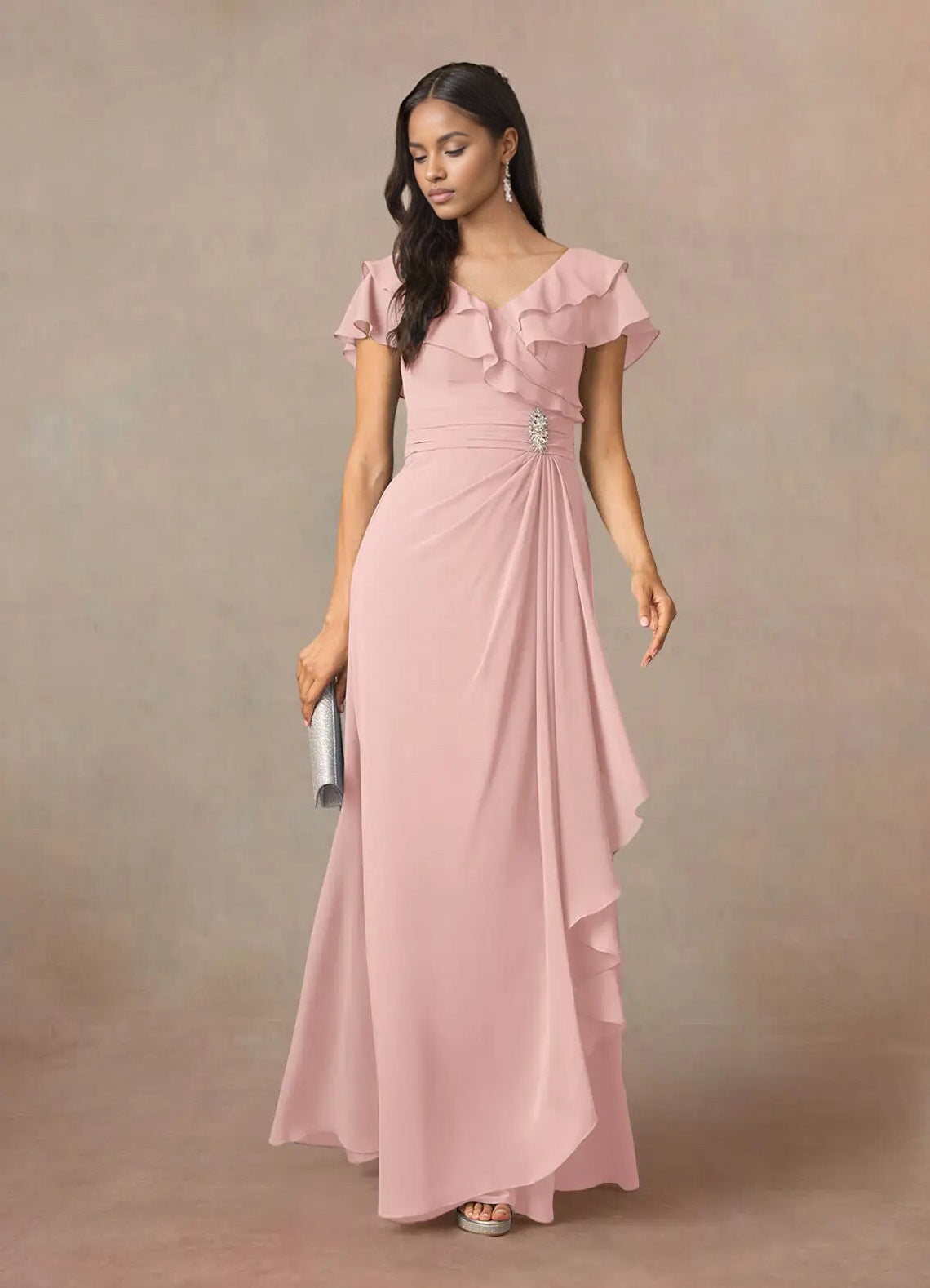 Augday A-Line V-Neck Ruched Chiffon Dress