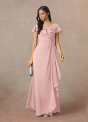 Augday A-Line V-Neck Ruched Chiffon Dress