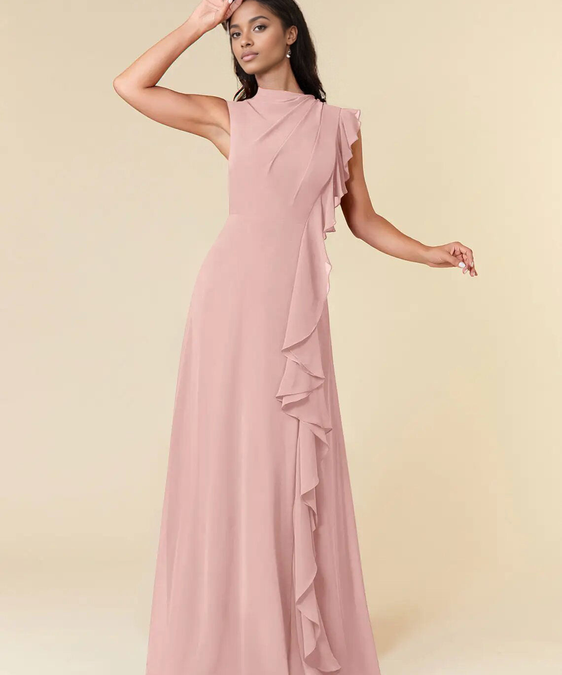 Augday A-Line High Neckline Pleated Chiffon Dress