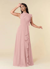 Augday A-Line High Neckline Pleated Chiffon Dress