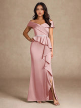Augday Mermaid Off the Shoulder Stretch Satin Dress