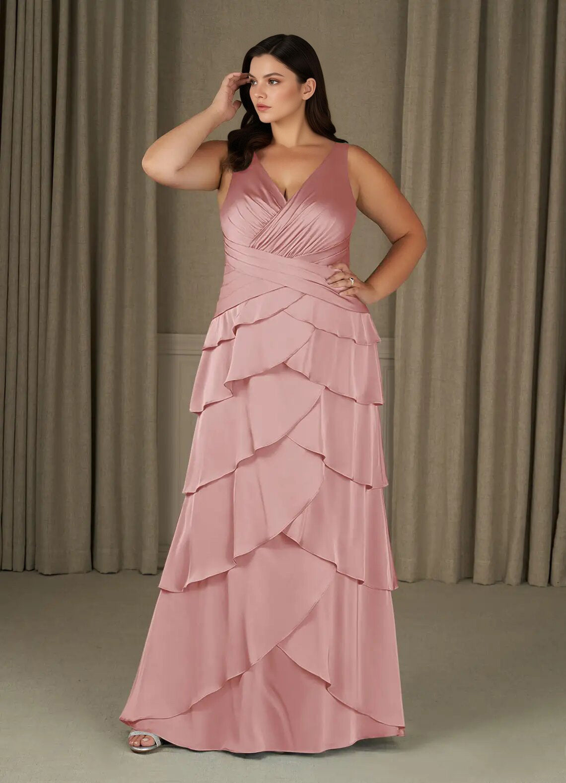 Augday Viola A-Line Pleated Stretch Satin Dress Plus Size