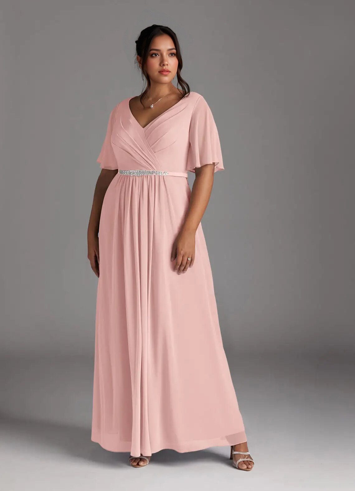Augday A-Line V-Neck Pleated Chiffon Dress Plus Size