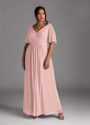 Augday A-Line V-Neck Pleated Chiffon Dress Plus Size