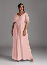 Augday A-Line V-Neck Pleated Chiffon Dress Plus Size