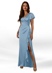 Augday Roya Mermaid V-Neck Pleated Stretch Satin Dress