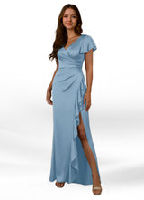Augday Roya Mermaid V-Neck Pleated Stretch Satin Dress