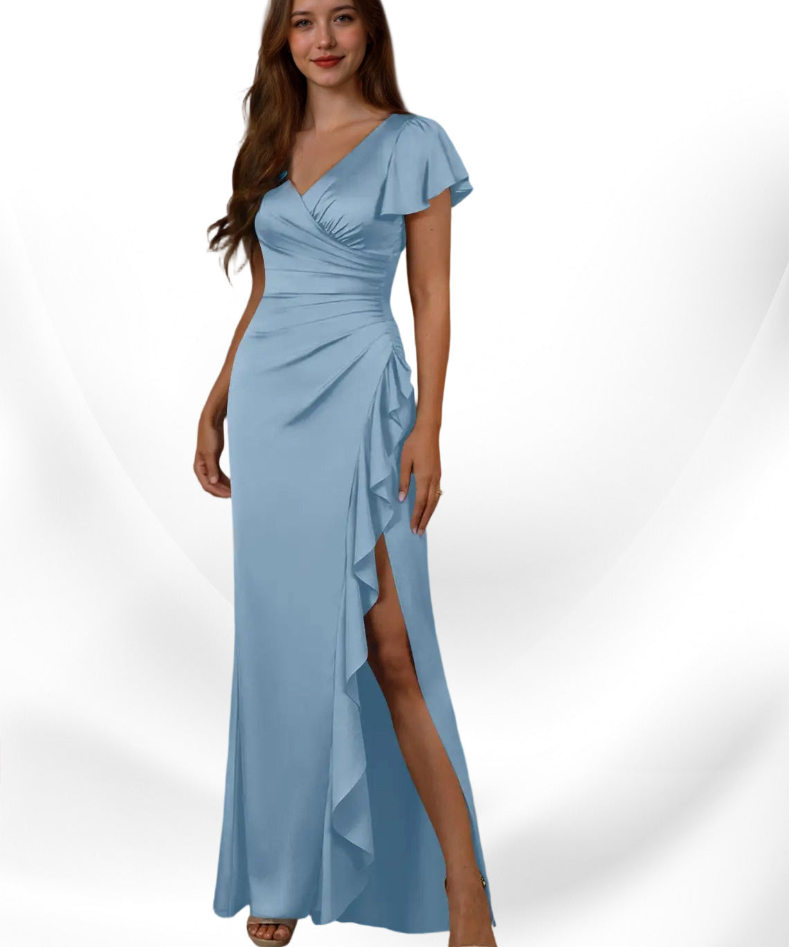 Augday Roya Mermaid V-Neck Pleated Stretch Satin