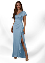 Augday Roya Mermaid V-Neck Pleated Stretch Satin