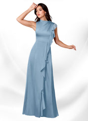 Augday Narine A-Line High Neckline Pleated Stretch Satin Dress