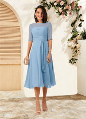 Augday Naomi A-Line Boatneck Pleated Chiffon Dress