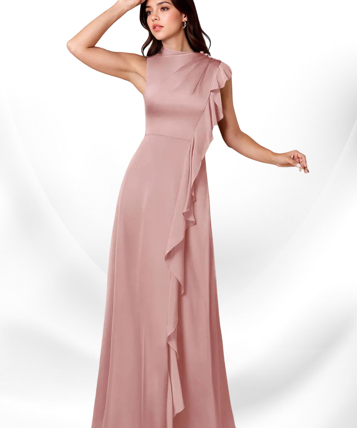 Augday Narine A-Line High Neckline Pleated Stretch Satin Dress