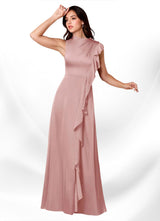 Augday Narine A-Line High Neckline Pleated Stretch Satin Dress