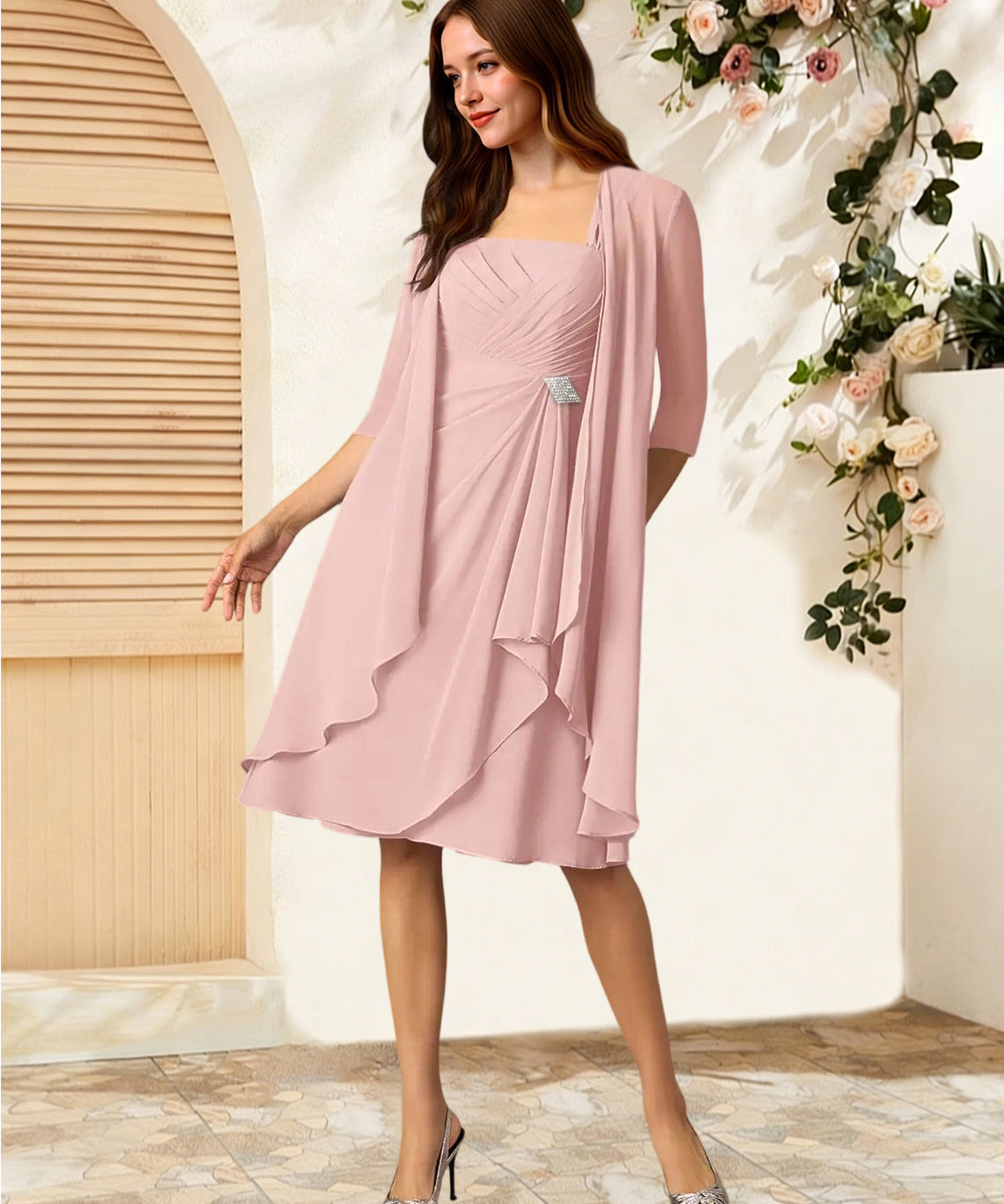 Augday Olivia A-Line Square Neckline Pleated Chiffon Dress