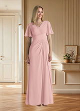 Augday Morning Glory A-Line V-Neck Ruched Chiffon Dress
