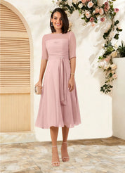 Augday Naomi A-Line Boatneck Pleated Chiffon Dress