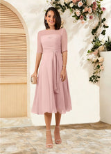 Augday Naomi A-Line Boatneck Pleated Chiffon Dress